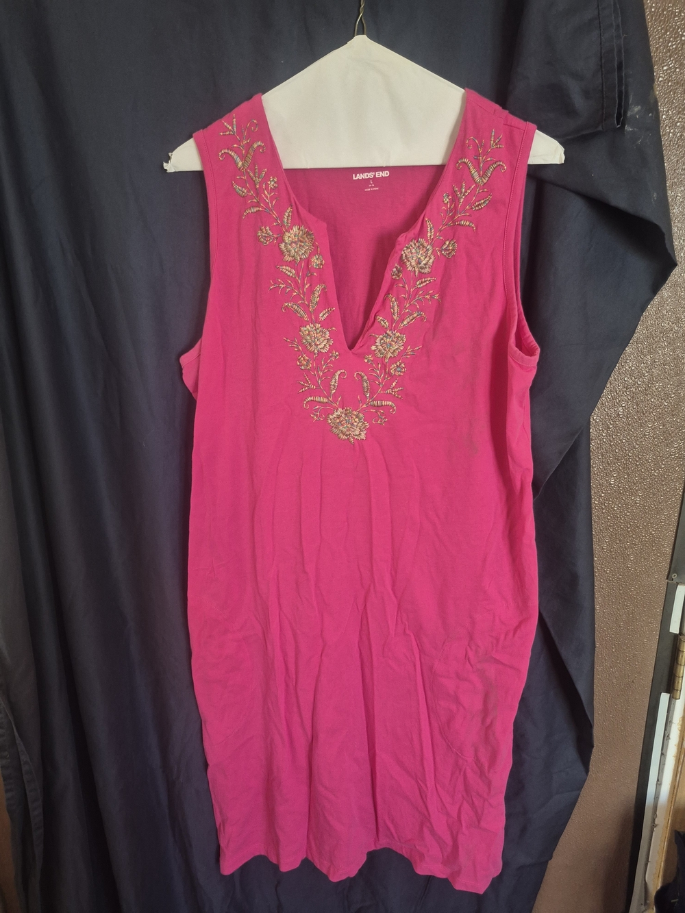 Lands' End Fuchsia Sleeveless V-Neck Dress/Swim Cover up with  Embroidery